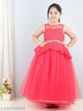 Coral net peplum dress for kids party wear, embellished and sleeveless