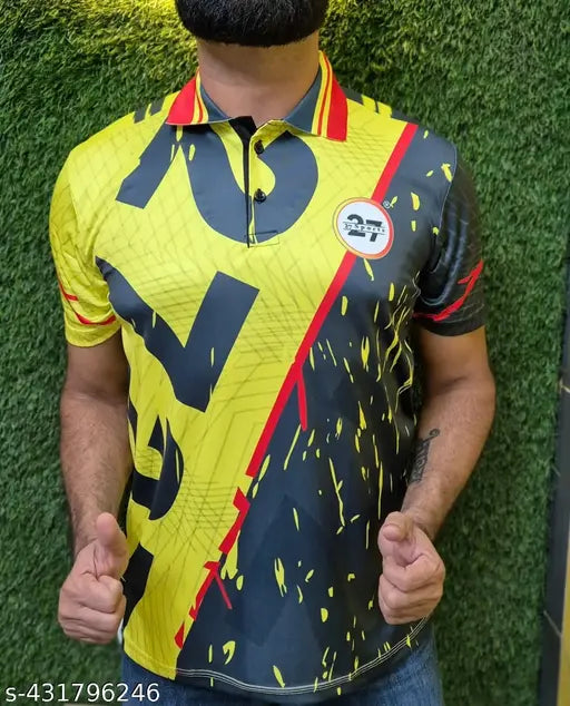 Yellow and grey half-sleeve Lycra jersey for sports, printed net pattern. Available in M, L, XL, XXL sizes