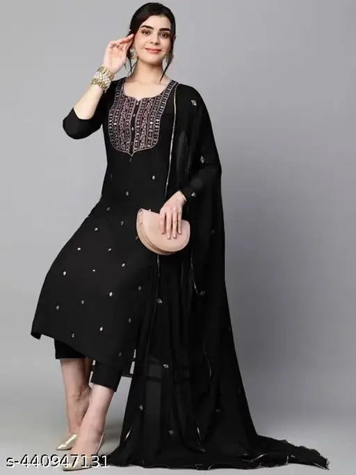 Black cotton blend printed straight kurta set with dupatta and bottomwear, embellished for women's fashion