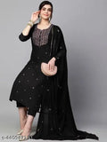 Black cotton blend printed straight kurta set with dupatta and bottomwear, embellished for women's fashion