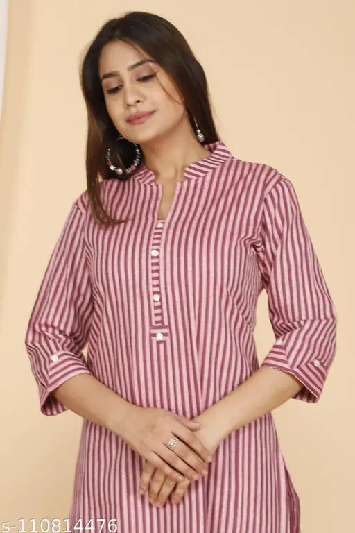 Pink striped straight-cut cotton kurti for women, 60s cotton, collar neck, 3/4th sleeves, 42" length, made in India