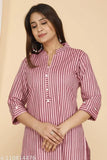 Pink striped straight-cut cotton kurti for women, 60s cotton, collar neck, 3/4th sleeves, 42" length, made in India