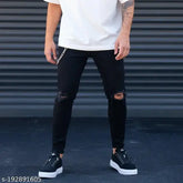 Solid cotton Qarsh knee-cut jeans pant for men, stylish fit, size 30 x 40 x 32 (India)