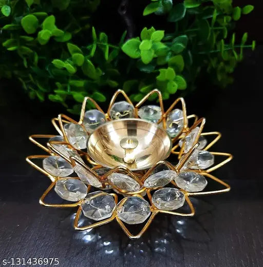 Decorative brass crystal lotus flower oil lamp with diamond crystals, ideal for puja and Feng Shui showpieces