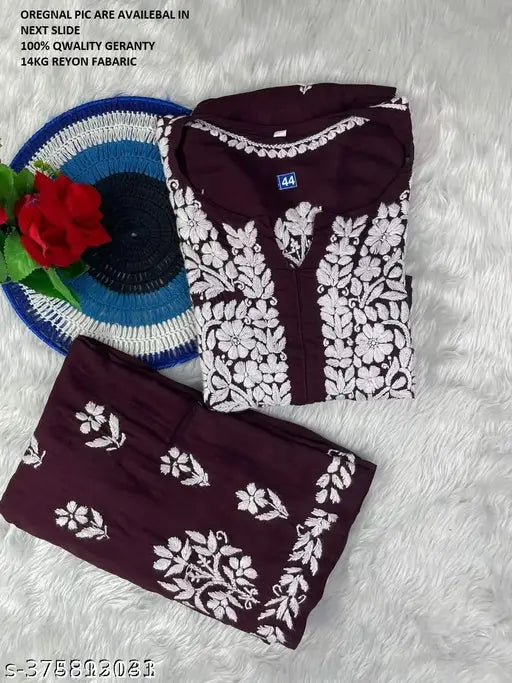 Rayon Slub Chikankari print kurti and sharara set with three-quarter sleeves, India origin