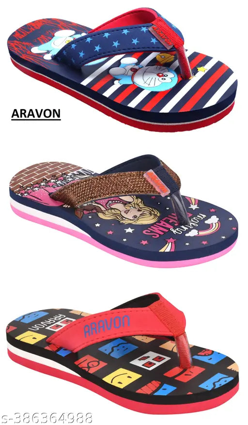 Printed net EVA slippers for kids, three pairs featuring designs for boys and girls in various sizes
