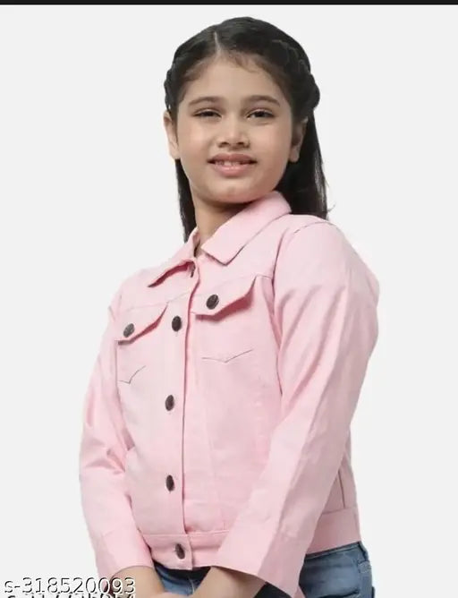 Kids girls pink cotton blend jacket, solid color long sleeved jacket for kids aged 5-12, made in India
