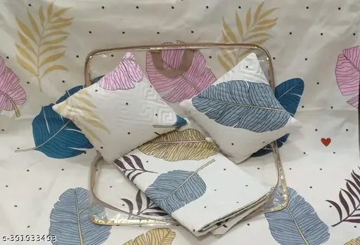 Multicolor floral-print superfine summer cotton flat sheets set (2 pillow covers, 1 double bedsheet, 2 quilted cushions, 2 cushion fillers). Handcrafted in India