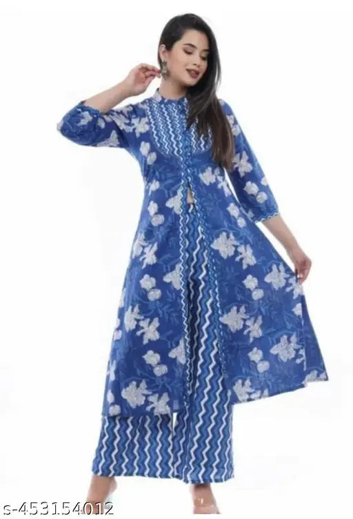 Stylish printed cotton flared kurti palazzo set with three-quarter sleeves, single set available in S-XXL sizes, origin from India