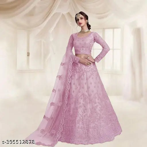 Embroidered net lehenga choli & dupatta set, Indian bridal wear with intricate embroidery on semi-stitched net fabric