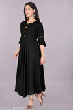 Black rayon round flared bell sleeves kurti with three-quarter length, solid pattern, hand wash or machine washable, perfect for casual and formal occasions