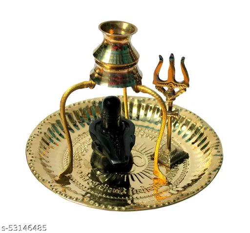 Marble Shivling idol on Brass Stand, ornate Shiva Lingam for Home Pooja (14cm x 14cm x 12cm)