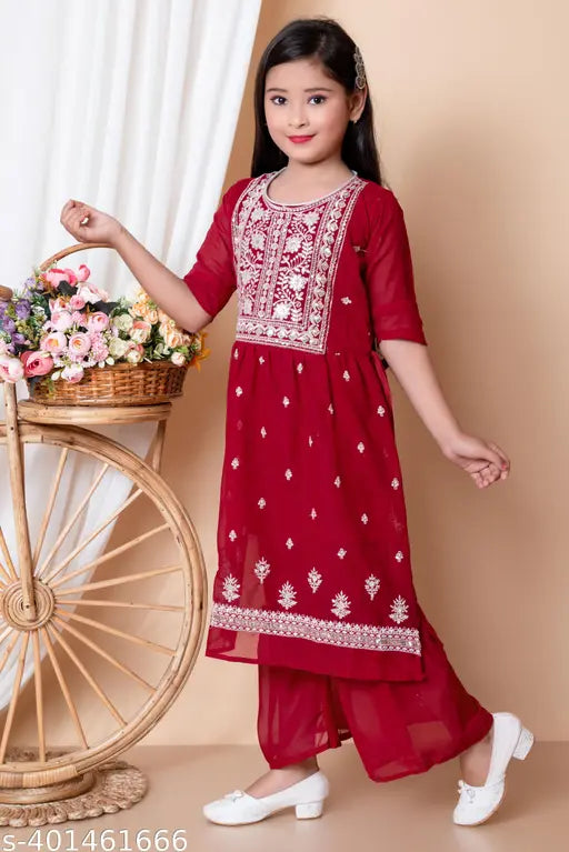 Chiffon palazzo sets for girls (3-quarter sleeves, embroidered pattern), Indian fashion for ages 2-9
