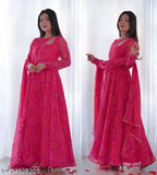 Georgette Bandhani printed women's kurti pant and dupatta set, vibrant Indian traditional wear - S, M, L, XL, XXL sizes
