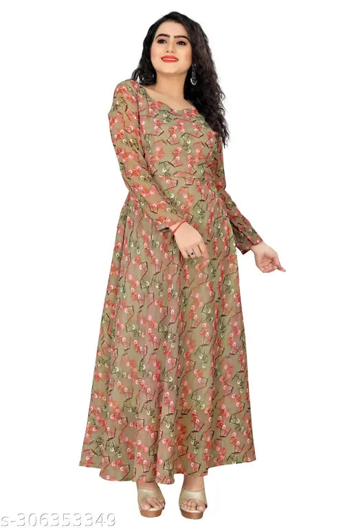Digital print Georgette women's kurti, full flared anarkali style with long sleeves and Panchkoni neckline, available in multiple sizes from S to 6XL