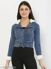 Blue denim fur multi-zip jacket for women, solid pattern, XS (bust 32in, length 24in), front zip, collar with white soft fur, 4-pocket design from India