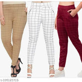 Brown-White-Marron Lycra checkered jeggings combo pack for women elevating workwear with subtle sophistication and practical pockets
