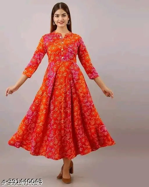 Rayon Anarkali Kurti, Jaipuri Badhani print, three-quarter sleeves, M-XXXL sizes