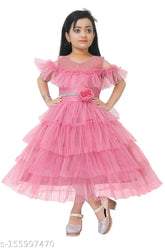 Stylish Party Girls ethnic gown, net fabric, short sleeves, solid pattern for kids aged 4-8 years, Indian origin