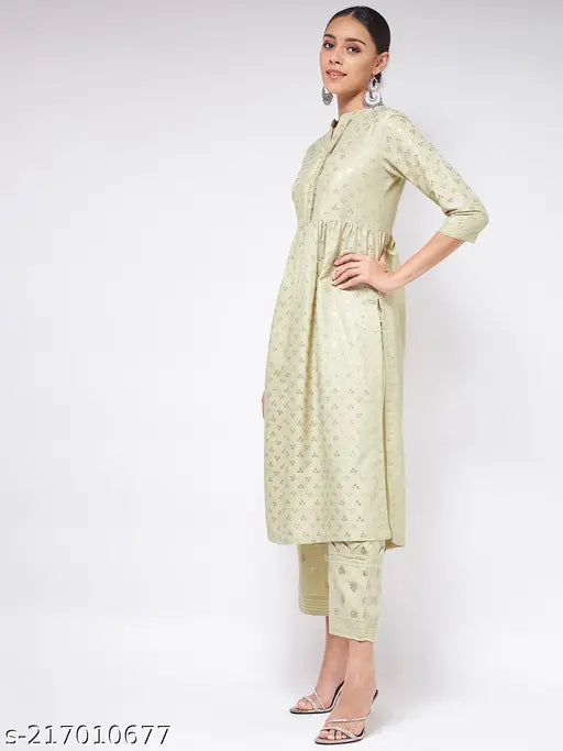 Pista green, polyester Pannkh Women's Kurta with three-quarter sleeves and foil printed ethnic design - Indian fashion