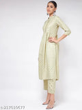 Pista green, polyester Pannkh Women's Kurta with three-quarter sleeves and foil printed ethnic design - Indian fashion