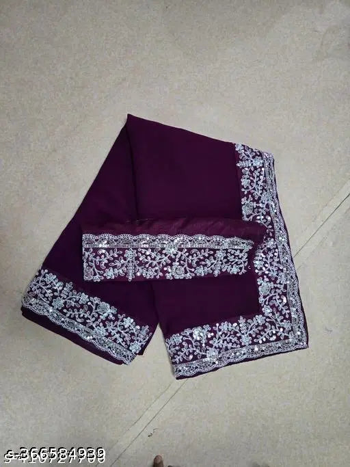 Purple Georgette embroidered saree with blouse, Indian wedding and party wear for women