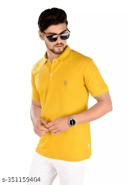 Yellow cotton blend men's polo t-shirts with short sleeves and solid pattern, ideal for casual wear