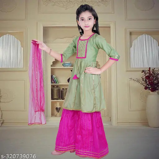 Embellished Dupion Silk Anarkali Kurta Sharara & Dupatta set for girls, Indian fashion wear in various sizes