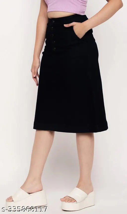Z black denim A-line long skirt, solid pattern, breathable and home washable, trendy midi-calf denim for women with various sizes available