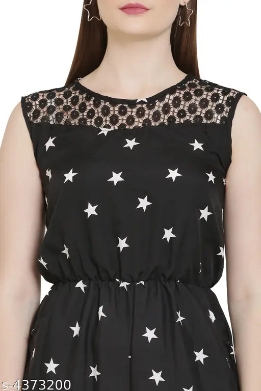 Printed net sleeveless poly crepe women's jumpsuit, modern style in sizes L and XL from India