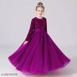 Royal Purple sequin work net dress for girls (5-6 yrs), embroidered full sleeve design, India origin