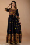 Black rayon printed Anarkali Kurta/Gown, three-quarter sleeves, Indian traditional wear for women