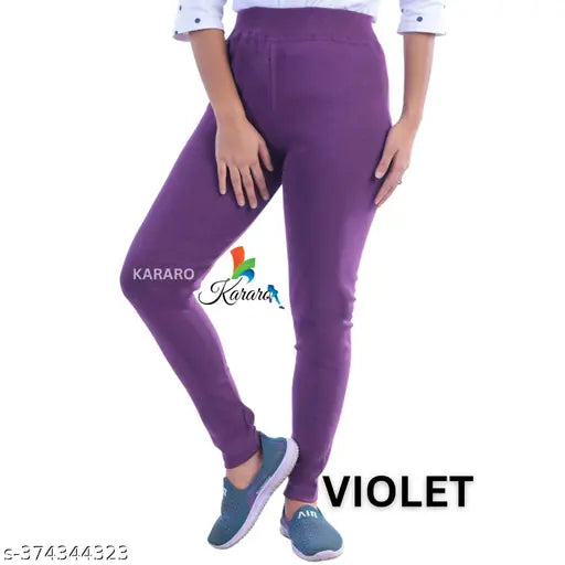 Cotton blend, KARARO women's plain jeggings pack of 4 - trendy, lightweight, comfortable jeans for you. OE fabric recycled from hosiery cotton waste, medium quality, low price segment. Sizes: 26, 28, 30, 32, 34, Free Size. Made in India