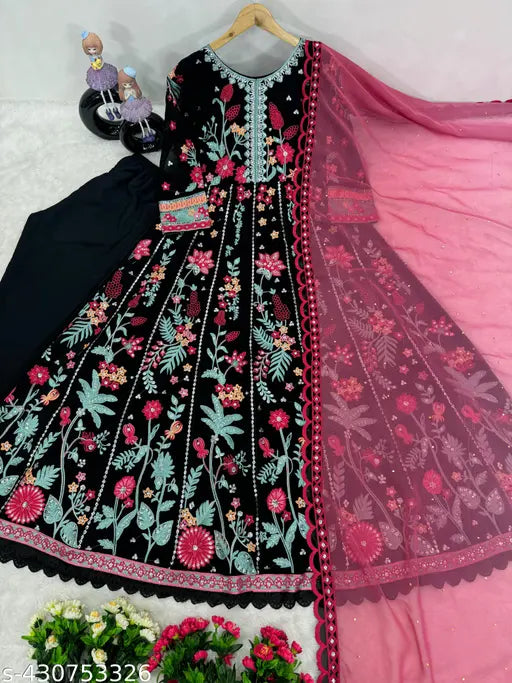 New Georgette embroidered net Pakistani work gown set for parties, three-quarter sleeves, India origin" (124 characters)