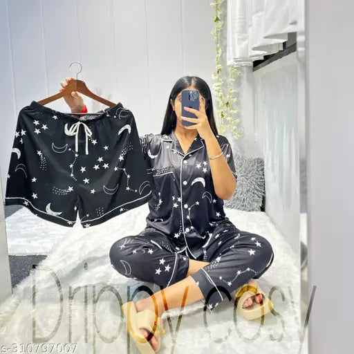 Moon star print silk blend night suit, luxury sleepwear featuring shirt, pajama, and shorts for women. Made in India