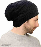Black woolen snow-proof beanie cap, chunky knit design with fur net pattern, suitable for men and women, versatile fit, great for outdoor winter activities such as skiing and snowboarding