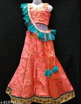 Kids Girls Special Art Silk Lehenga Choli with long sleeves, solid top and Aari Work net pattern, in sizes 5-6 years, from India