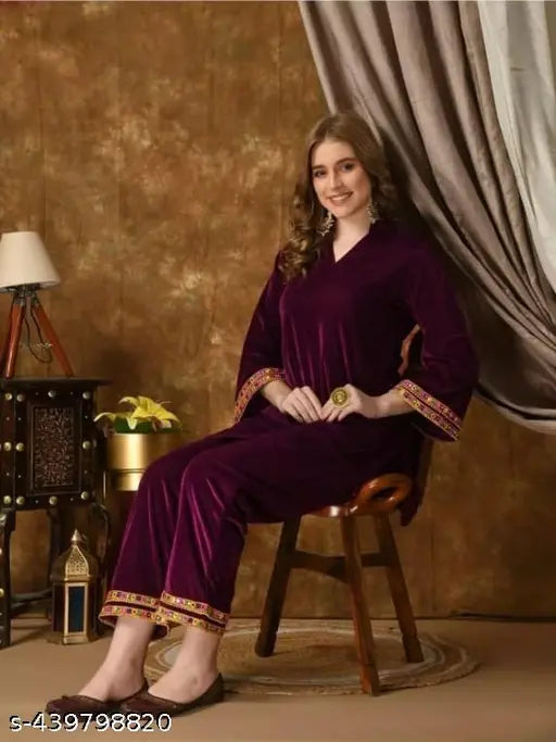 Velvet Indo-Western coord set, three-quarter sleeves, velvet fabric on mannequin
