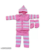 Pink and white woolen kids' sweater set (0-9 months), featuring embroidered net pattern with attachable cap, pajama, and socks. Warm winter wear from India