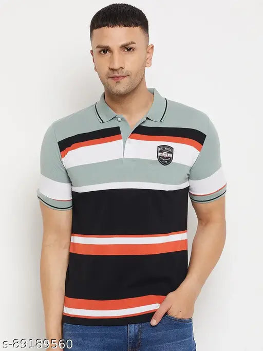 Blue and white colorblocked cotton blend men's polo t-shirt with embroidery, half sleeve