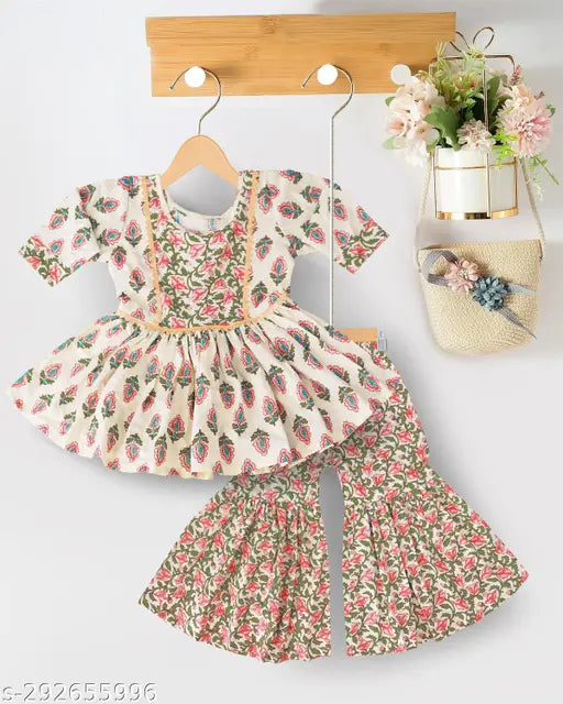 Cotton A-line sharara set for girls, printed top and bottom wear in Indian style. Sizes range from 5-6 to 12-13 years
