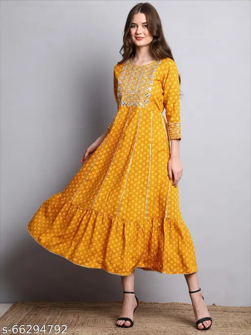 Yellow rayon embroidered Anarkali Kurta, women's fashionable clothing from Bablu Garments, India