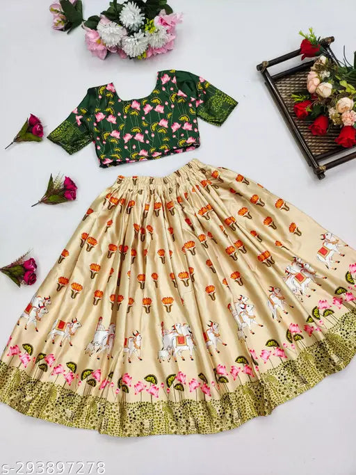 Printed satin kids lehengha choli for girls aged 5 to 10 years, floral design with short sleeves