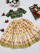 Printed satin kids lehengha choli for girls aged 5 to 10 years, floral design with short sleeves