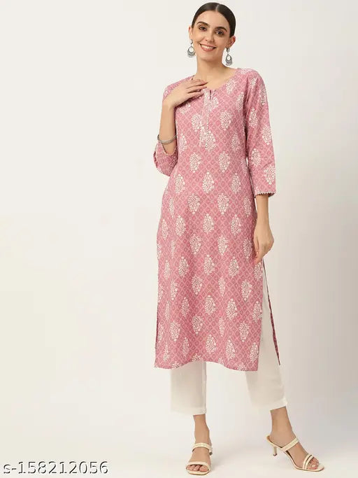 Pink Bandhani Printed Cotton Straight Kurta for Women - Ethnic pink and off-white motif pattern, three-quarter sleeves, round neck, India