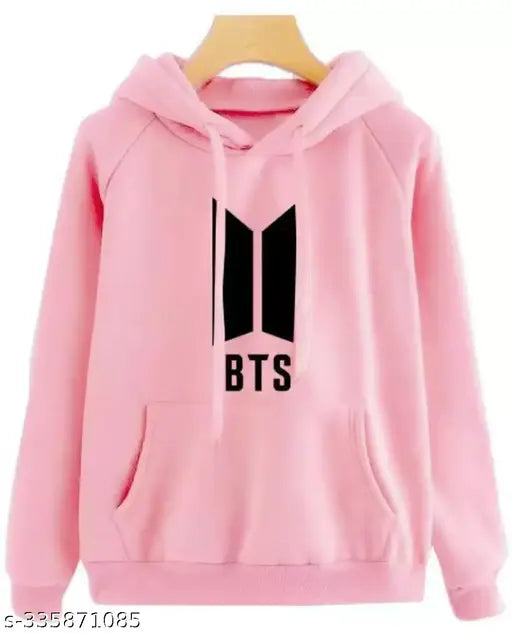 Stylish pink BTS print women's fleece hoodie, solid color design on long sleeves