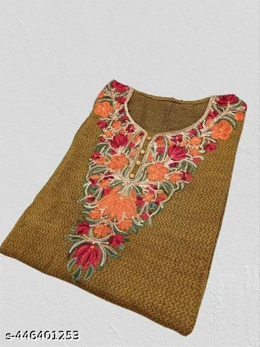 Mustard yellow women's woolen Kashmiri embroidery phiran kurta with long sleeves, intricate designs from India