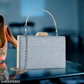 Silver canvas & leather embellished metal clutch, perfect for weddings or parties, suitable for ladies outings in India