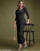 Black polyester women's top & high-waisted bottom set - casual, long sleeves, Lycra jacket included - modern fashion brand