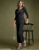 Black polyester women's top & bottom set, long sleeves, high-waisted pants, casual wear, jacket included, Modern Procent brand, India